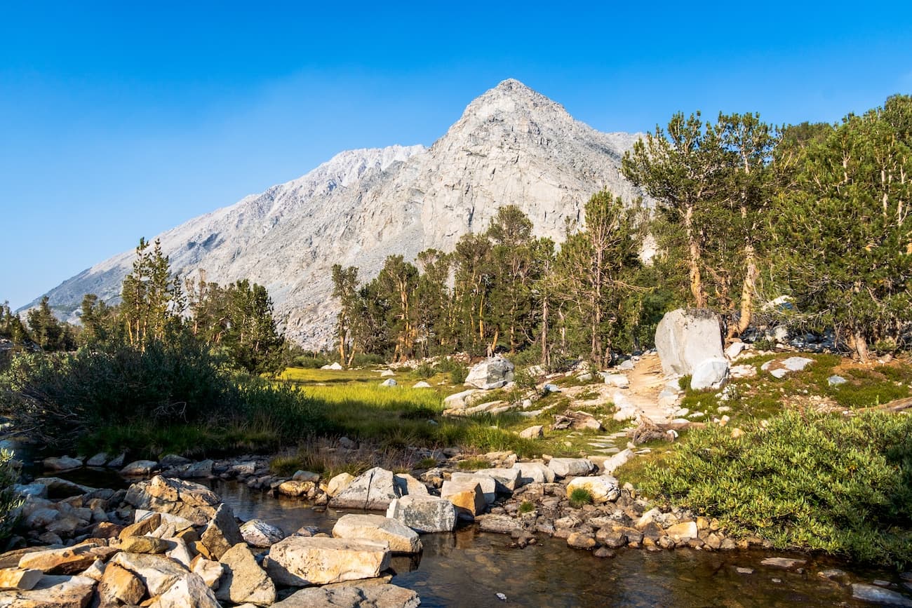 Trail crossing the outlet of Gem Lake in the Little Lakes Valley of the Sierras