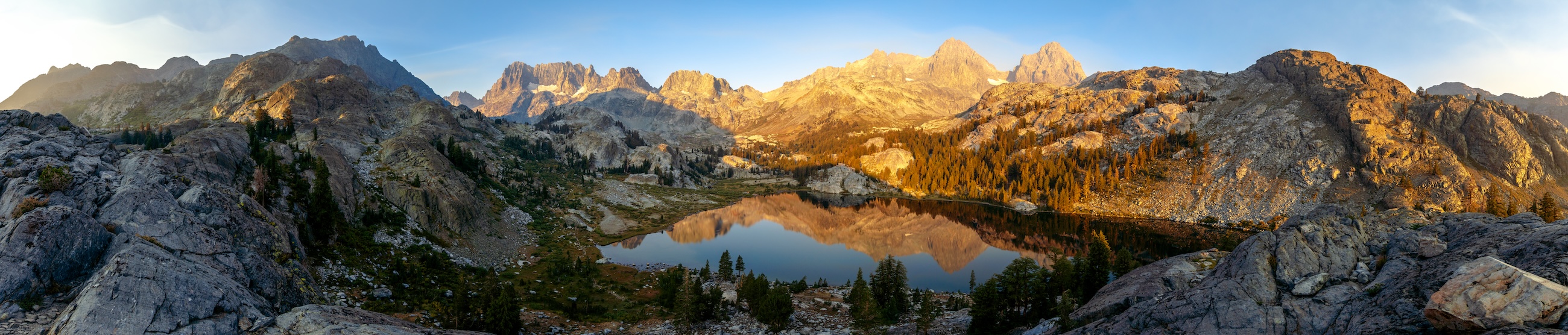 Epic panorama of Ediza Lake in the Sierras. Photo by Brock Dallman