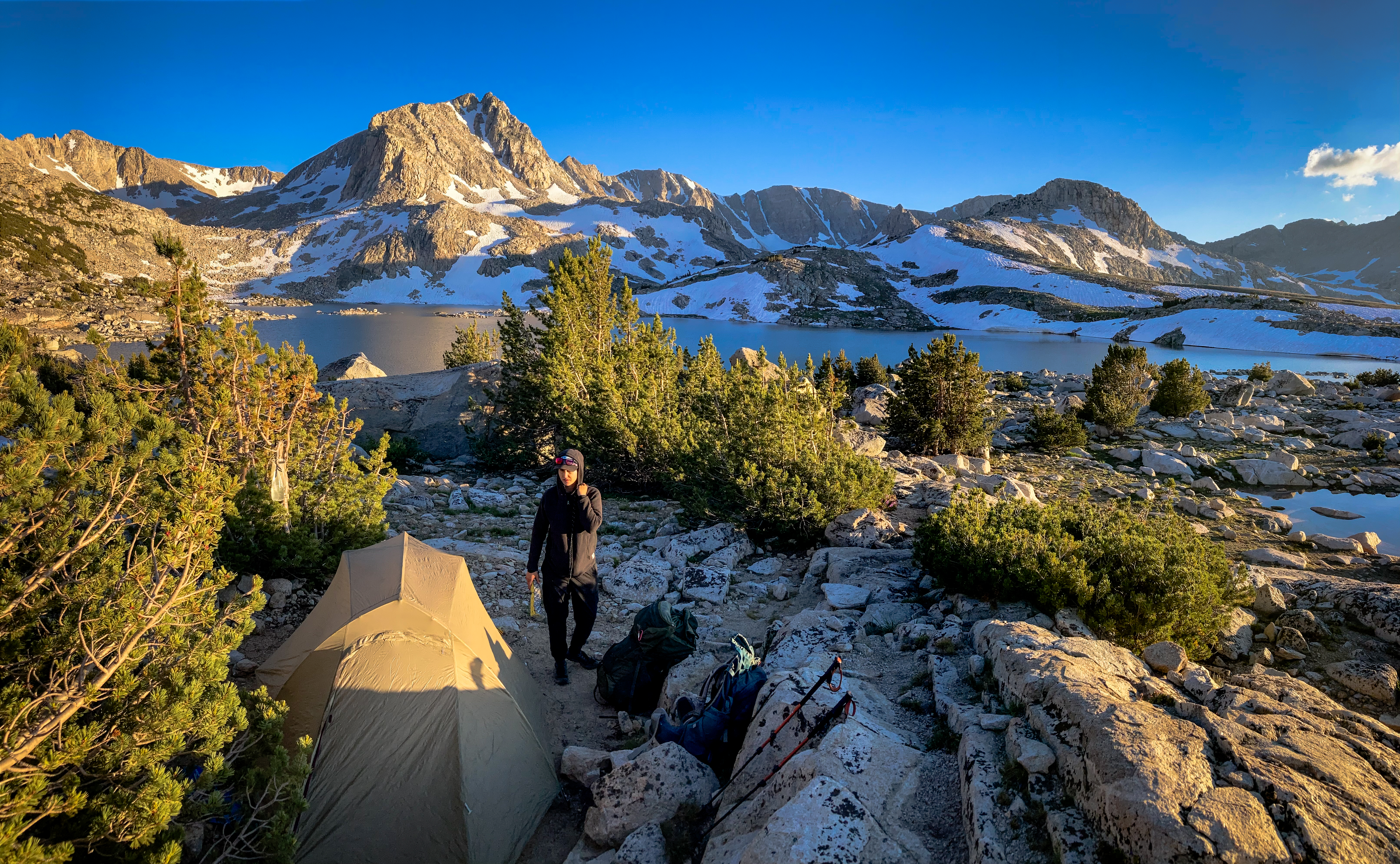 Sam making camp at Muriel Lake.