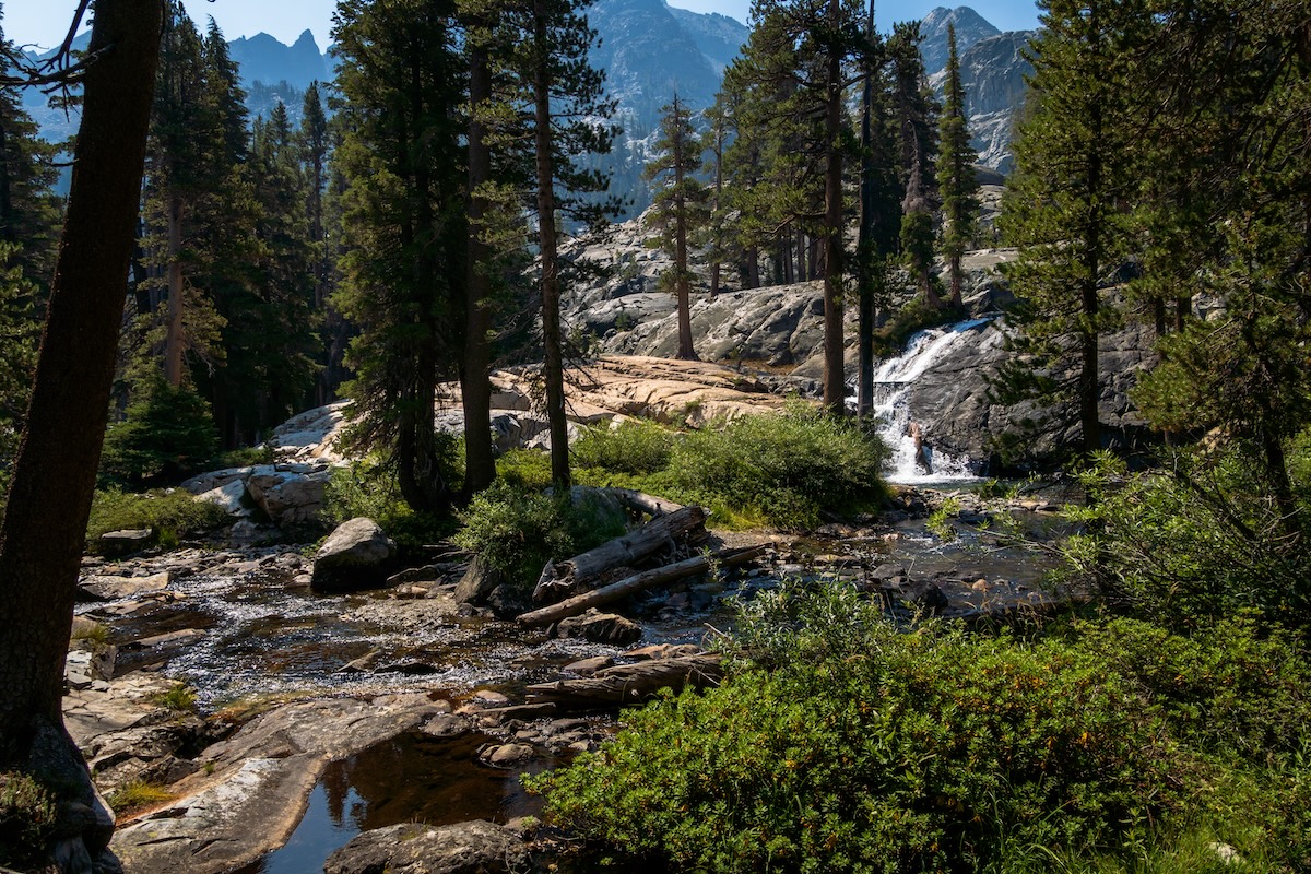 Trail side waterfall on the way down to Shadow Lake in the Sierras