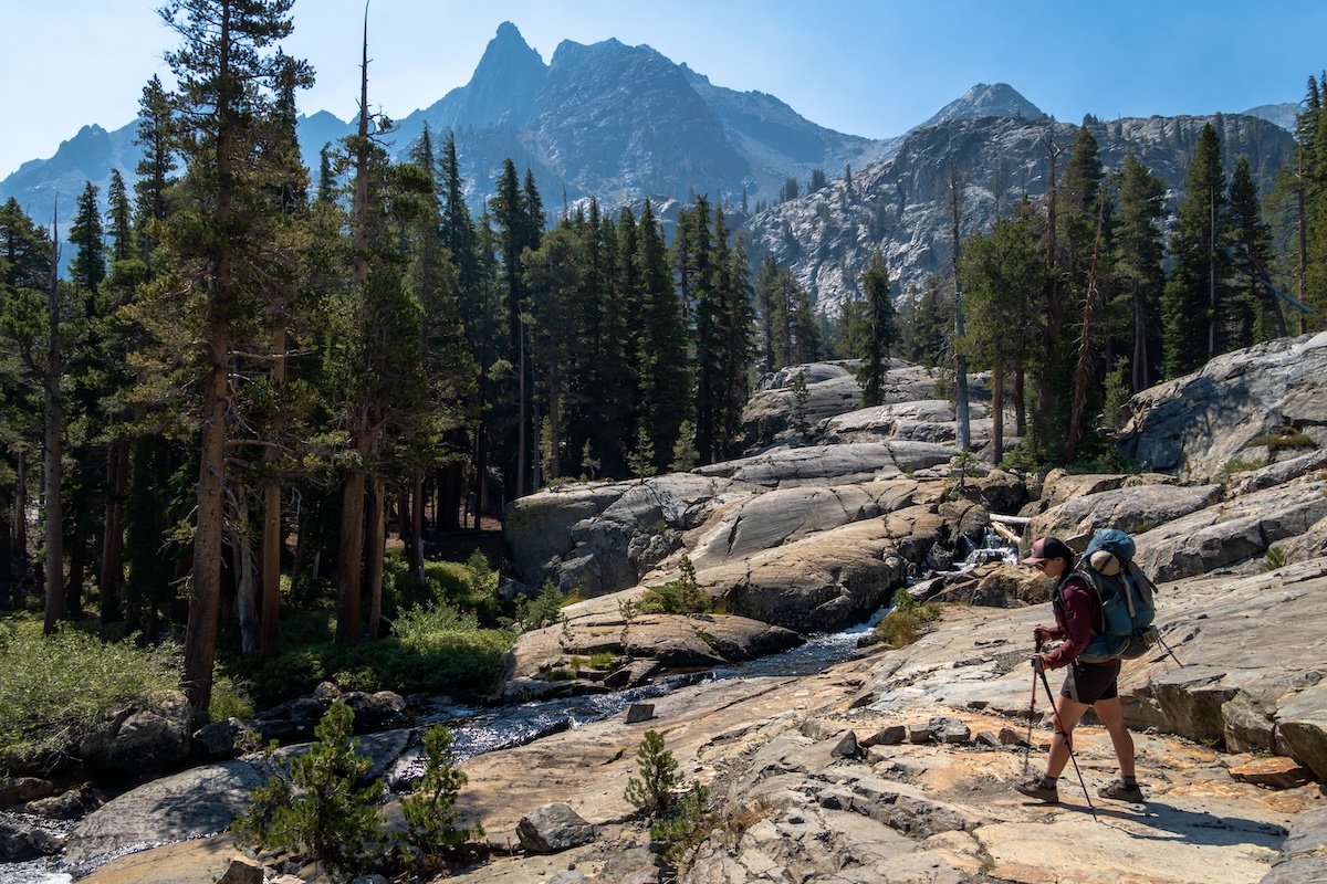 Sam hiking the trail down to Shadow Lake in the Sierra