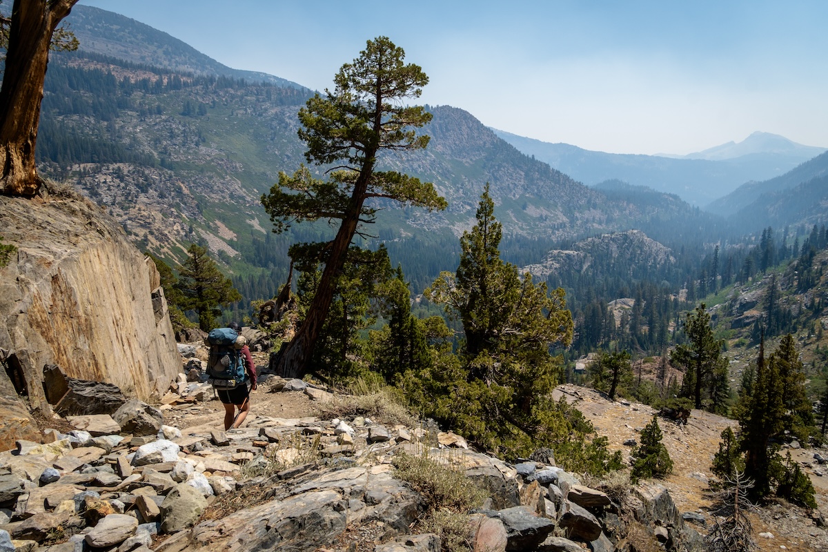 Sam hiking the trail towards Agnew Meadows